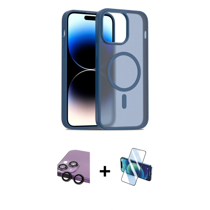 MARSİLYAN™- iPhone 14 Kılıf Siluet Minimal Prime - Siyah 3D Antistatik Cam Ekran Koruyucu + Raze Metal Kamera Lens - SH