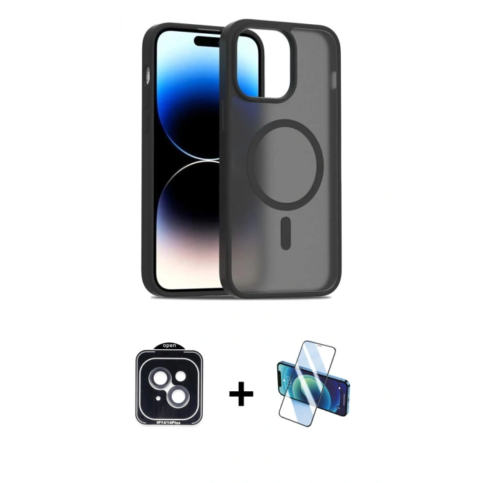 MARSİLYAN™- iPhone 14 Kılıf Siluet Minimal Prime - Siyah 3D Antistatik Cam Ekran Koruyucu + PVD Metal Kamera Lens - SH