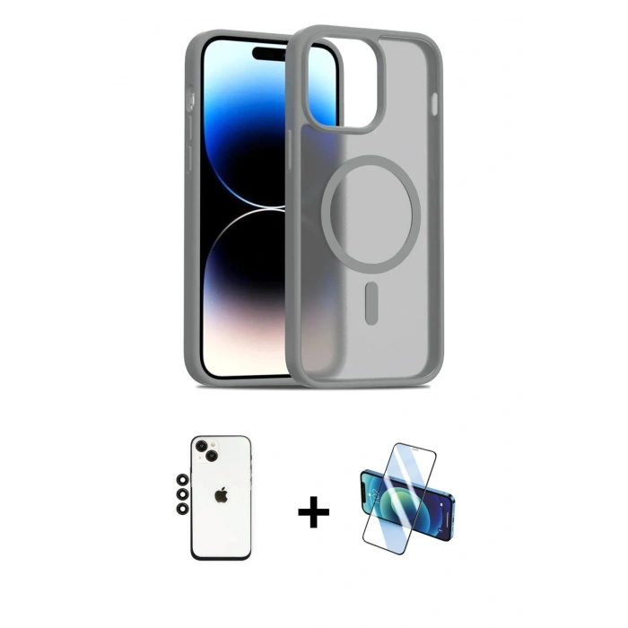 MARSİLYAN™- iPhone 14 Kılıf Siluet Minimal Prime - Siyah 3D Antistatik Cam Ekran Koruyucu + Shine Kamera Lens - SH