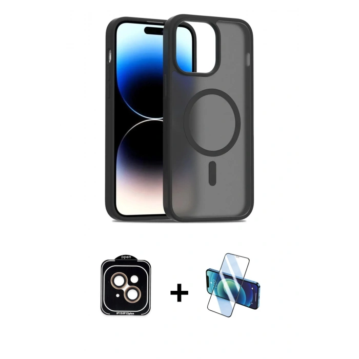 MARSİLYAN™- iPhone 14 Kılıf Siluet Minimal Prime - Siyah 3D Antistatik Cam Ekran Koruyucu + PVD Metal Kamera Lens - TU