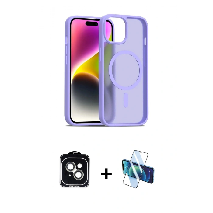 MARSİLYAN™- iPhone 14 Kılıf Siluet Minimal Prime - Siyah 3D Antistatik Cam Ekran Koruyucu + PVD Metal Kamera Lens - YL