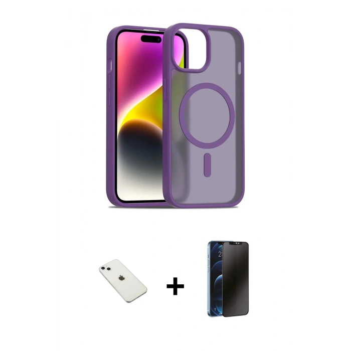 MARSİLYAN™- iPhone 14 Kılıf Siluet Minimal Prime - Siyah 3D Antistatik Hayalet Cam Ekran Koruyucu + Diamond Kamera Lens - SABE