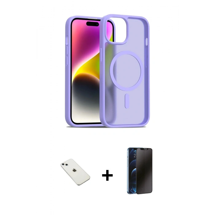 MARSİLYAN™- iPhone 14 Kılıf Siluet Minimal Prime - Siyah 3D Antistatik Hayalet Cam Ekran Koruyucu + Diamond Kamera Lens - SABE