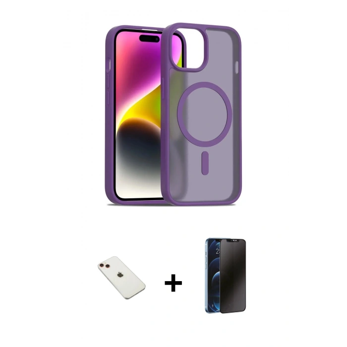 MARSİLYAN™- iPhone 14 Kılıf Siluet Minimal Prime - Siyah 3D Antistatik Hayalet Cam Ekran Koruyucu + Diamond Kamera Lens - KI