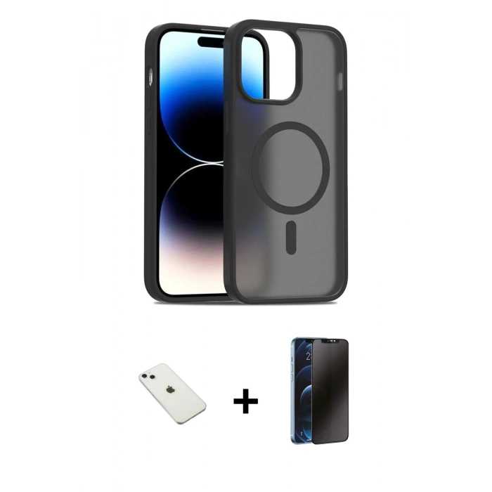 MARSİLYAN™- iPhone 14 Kılıf Siluet Minimal Prime - Siyah 3D Antistatik Hayalet Cam Ekran Koruyucu + Diamond Kamera Lens - SABE