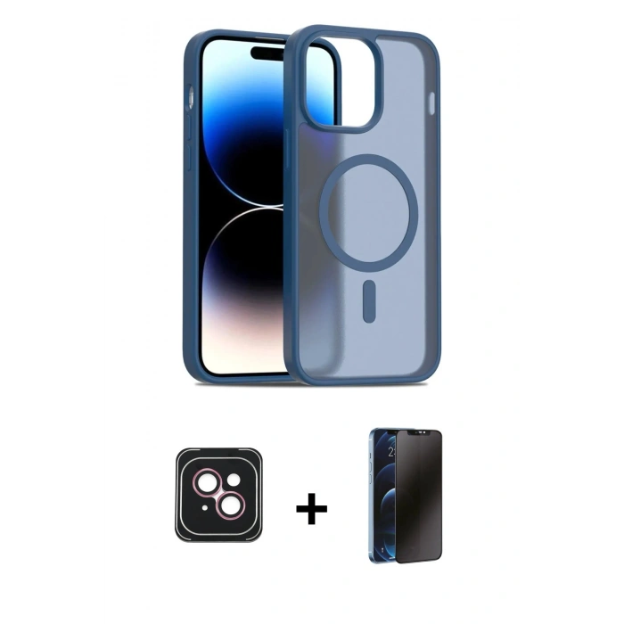 MARSİLYAN™- iPhone 14 Kılıf Siluet Minimal Prime - Siyah 3D Antistatik Hayalet Cam Ekran Koruyucu + PVD Metal Kamera Lens - PE