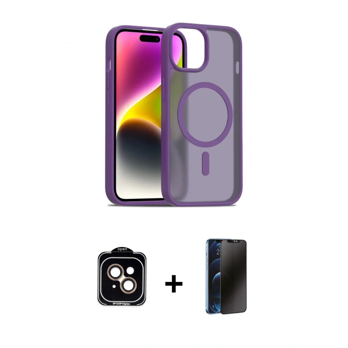 MARSİLYAN™- iPhone 14 Kılıf Siluet Minimal Prime - Siyah 3D Antistatik Hayalet Cam Ekran Koruyucu + PVD Metal Kamera Lens - TU
