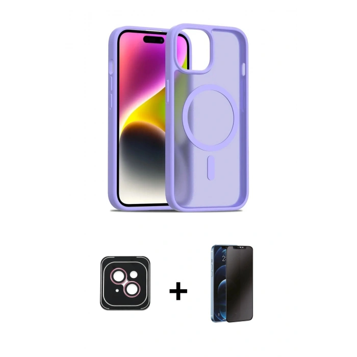 MARSİLYAN™- iPhone 14 Kılıf Siluet Minimal Prime - Siyah 3D Antistatik Hayalet Cam Ekran Koruyucu + PVD Metal Kamera Lens - PE