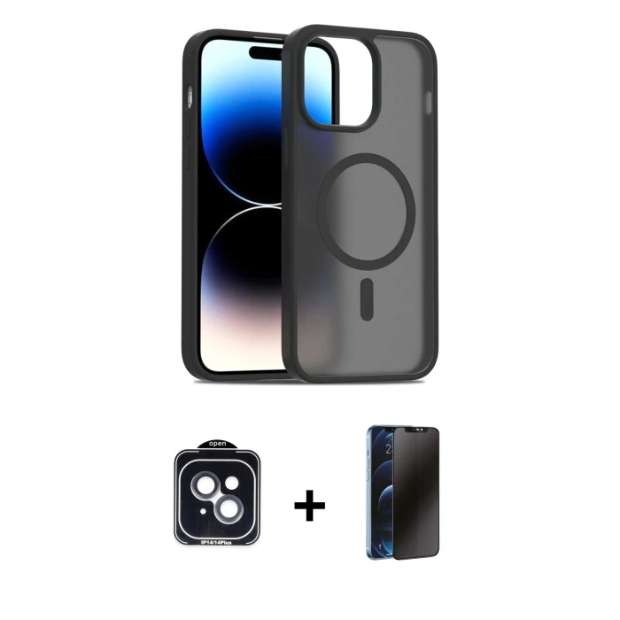 MARSİLYAN™- iPhone 14 Kılıf Siluet Minimal Prime - Siyah 3D Antistatik Hayalet Cam Ekran Koruyucu + PVD Metal Kamera Lens - SH