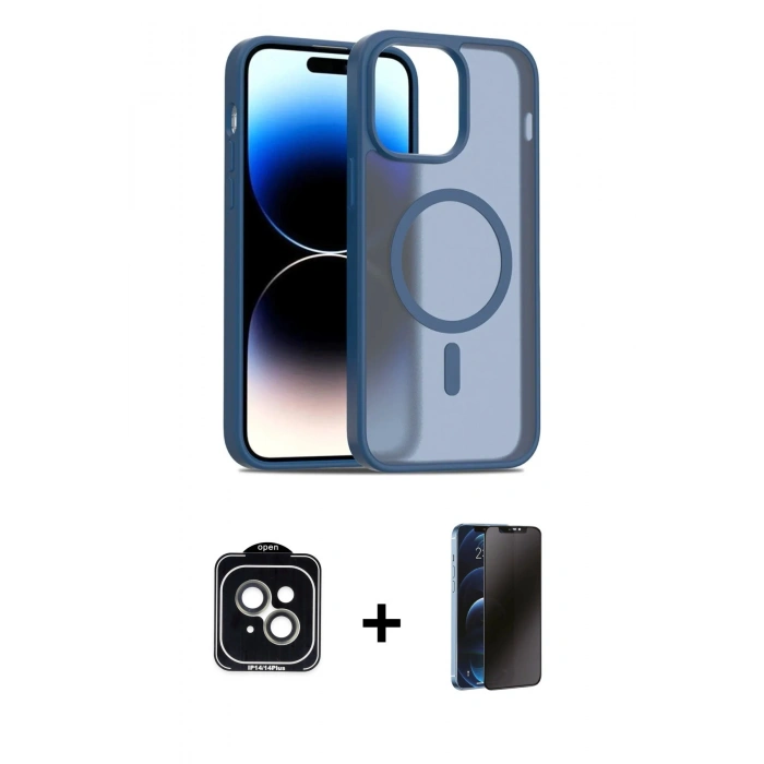 MARSİLYAN™- iPhone 14 Kılıf Siluet Minimal Prime - Siyah 3D Antistatik Hayalet Cam Ekran Koruyucu + PVD Metal Kamera Lens - YL