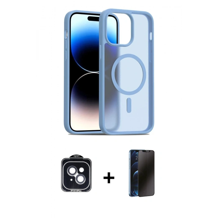 MARSİLYAN™- iPhone 14 Kılıf Siluet Minimal Prime - Siyah 3D Antistatik Hayalet Cam Ekran Koruyucu + PVD Metal Kamera Lens - SH