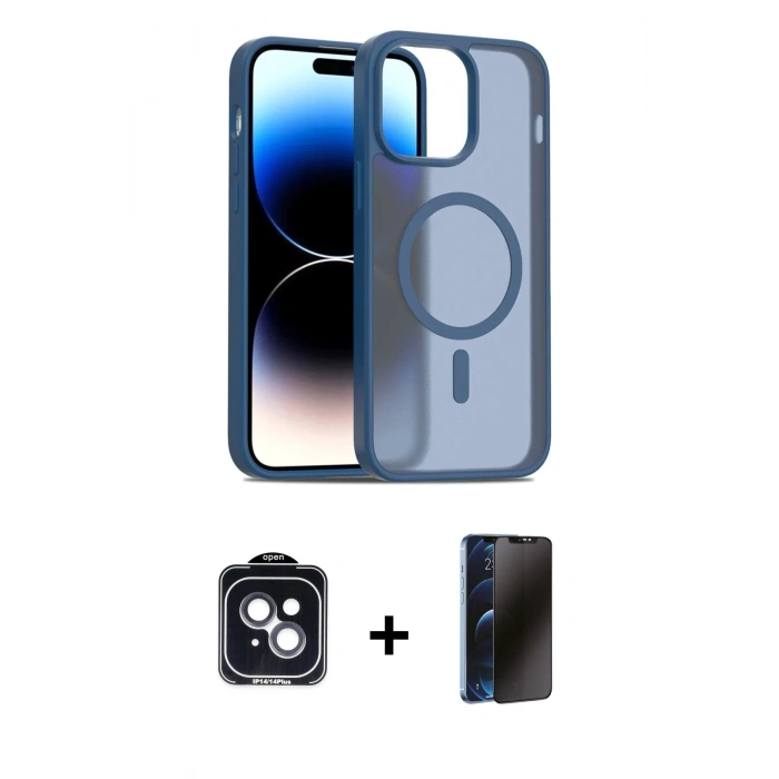 MARSİLYAN™- iPhone 14 Kılıf Siluet Minimal Prime - Siyah 3D Antistatik Hayalet Cam Ekran Koruyucu + PVD Metal Kamera Lens - SH