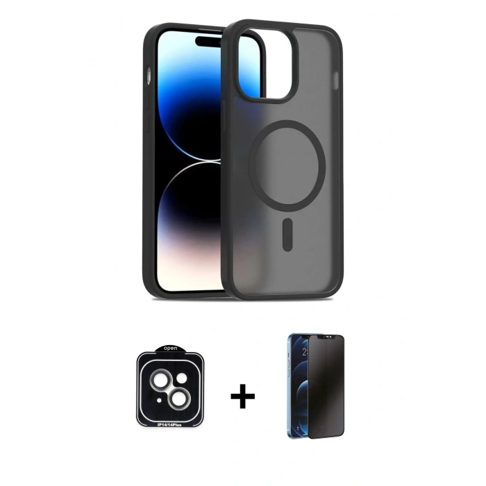 MARSİLYAN™- iPhone 14 Kılıf Siluet Minimal Prime - Siyah 3D Antistatik Hayalet Cam Ekran Koruyucu + PVD Metal Kamera Lens - YL