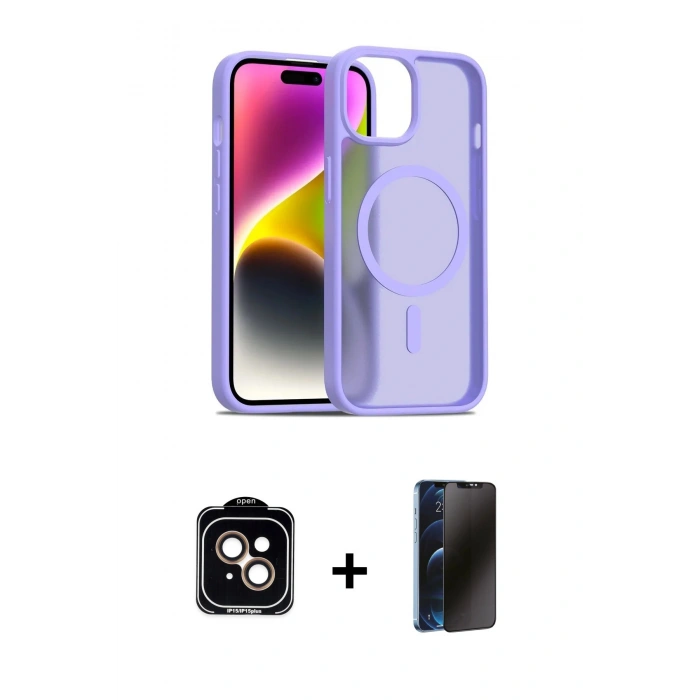 MARSİLYAN™- iPhone 14 Kılıf Siluet Minimal Prime - Siyah 3D Antistatik Hayalet Cam Ekran Koruyucu + PVD Metal Kamera Lens - TU