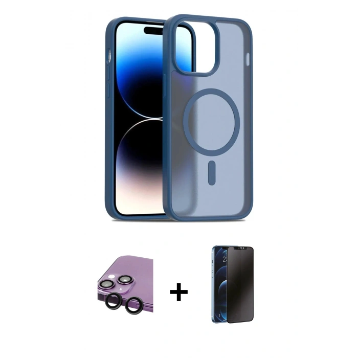 MARSİLYAN™- iPhone 14 Kılıf Siluet Minimal Prime - Siyah 3D Antistatik Hayalet Cam Ekran Koruyucu + Raze Metal Kamera Lens - SH