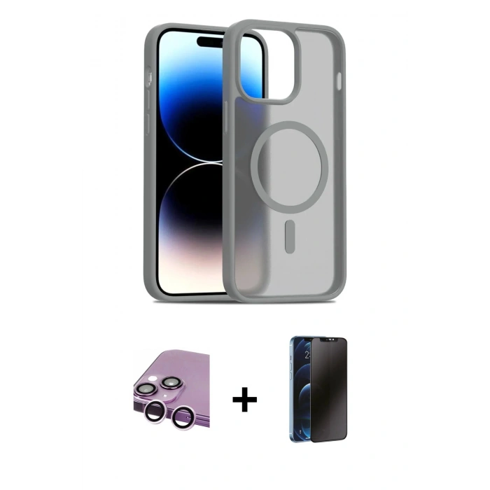 MARSİLYAN™- iPhone 14 Kılıf Siluet Minimal Prime - Siyah 3D Antistatik Hayalet Cam Ekran Koruyucu + Raze Metal Kamera Lens - MR