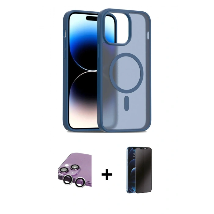 MARSİLYAN™- iPhone 14 Kılıf Siluet Minimal Prime - Siyah 3D Antistatik Hayalet Cam Ekran Koruyucu + Raze Metal Kamera Lens - GS