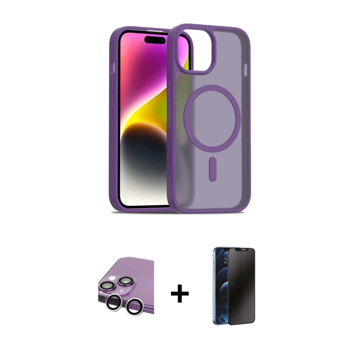 MARSİLYAN™- iPhone 14 Kılıf Siluet Minimal Prime - Siyah 3D Antistatik Hayalet Cam Ekran Koruyucu + Raze Metal Kamera Lens - GS