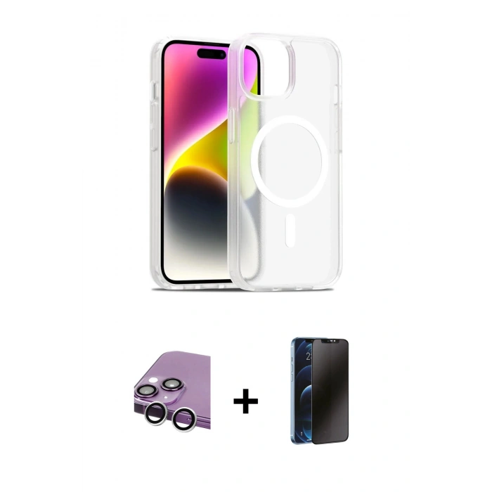 MARSİLYAN™- iPhone 14 Kılıf Siluet Minimal Prime - Siyah 3D Antistatik Hayalet Cam Ekran Koruyucu + Raze Metal Kamera Lens - GS