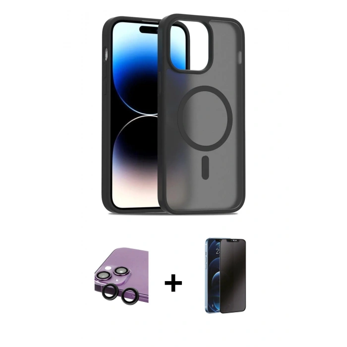 MARSİLYAN™- iPhone 14 Kılıf Siluet Minimal Prime - Siyah 3D Antistatik Hayalet Cam Ekran Koruyucu + Raze Metal Kamera Lens - SH