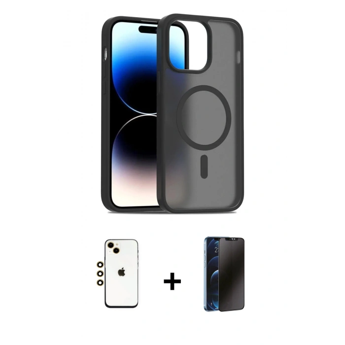 MARSİLYAN™- iPhone 14 Kılıf Siluet Minimal Prime - Siyah 3D Antistatik Hayalet Cam Ekran Koruyucu + Shine Kamera Lens - GD