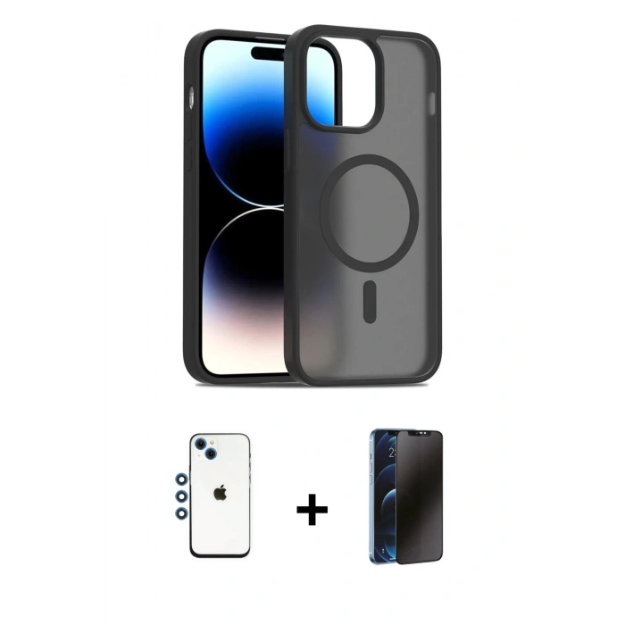 MARSİLYAN™- iPhone 14 Kılıf Siluet Minimal Prime - Siyah 3D Antistatik Hayalet Cam Ekran Koruyucu + Shine Kamera Lens - MI
