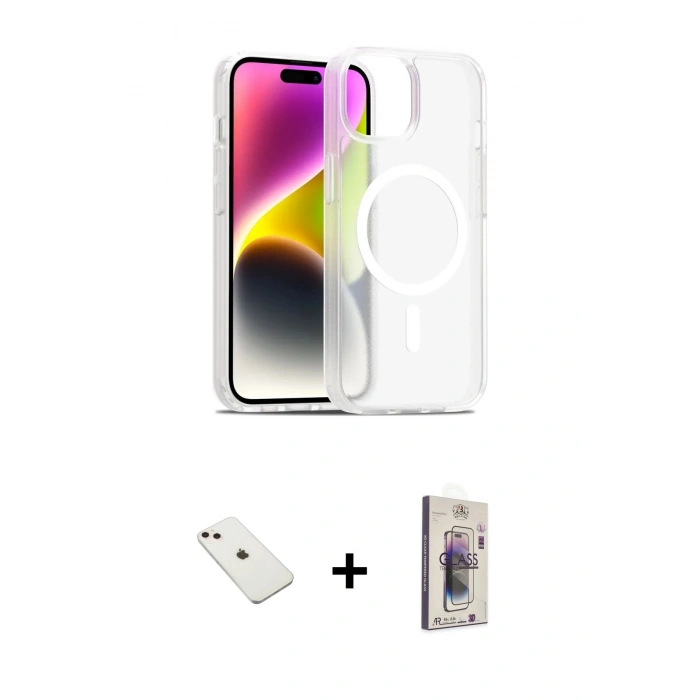 MARSİLYAN™- iPhone 14 Kılıf Siluet Minimal Prime - Siyah Bilvis 3D Cam Ekran Koruyucu + Diamond Kamera Lens - PE