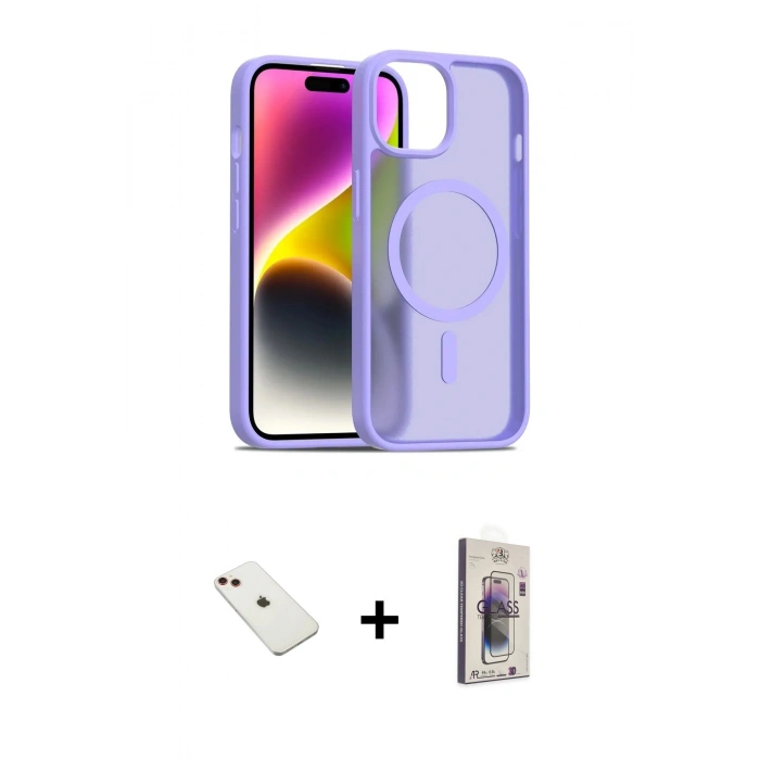 MARSİLYAN™- iPhone 14 Kılıf Siluet Minimal Prime - Siyah Bilvis 3D Cam Ekran Koruyucu + Kırmızı Diamond Kamera Lens