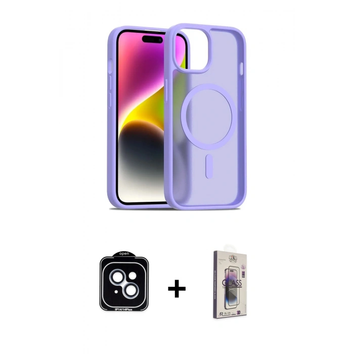 MARSİLYAN™- iPhone 14 Kılıf Siluet Minimal Prime - Siyah Bilvis 3D Cam Ekran Koruyucu + PVD Metal Kamera Lens - MI