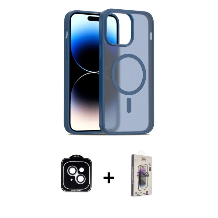 MARSİLYAN™- iPhone 14 Kılıf Siluet Minimal Prime - Siyah Bilvis 3D Cam Ekran Koruyucu + PVD Metal Kamera Lens - MI