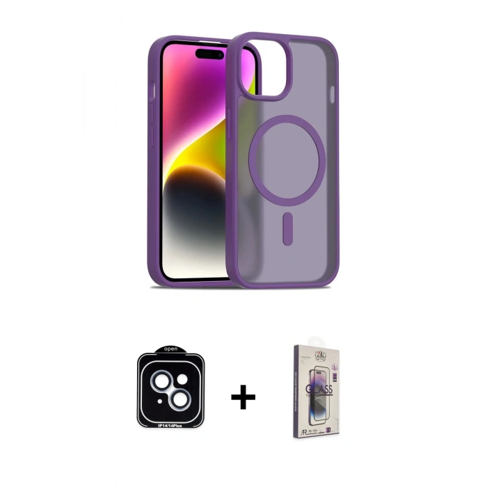MARSİLYAN™- iPhone 14 Kılıf Siluet Minimal Prime - Siyah Bilvis 3D Cam Ekran Koruyucu + PVD Metal Kamera Lens - MI