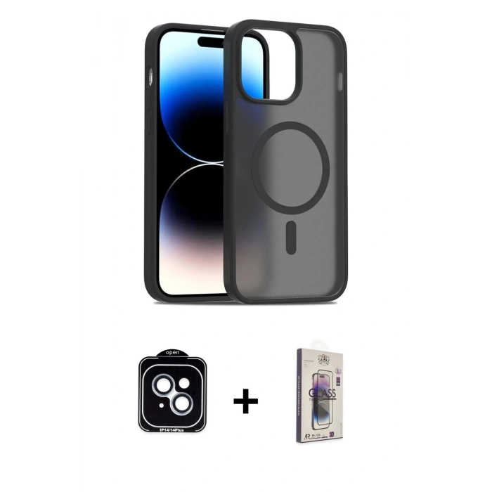 MARSİLYAN™- iPhone 14 Kılıf Siluet Minimal Prime - Siyah Bilvis 3D Cam Ekran Koruyucu + PVD Metal Kamera Lens - MI