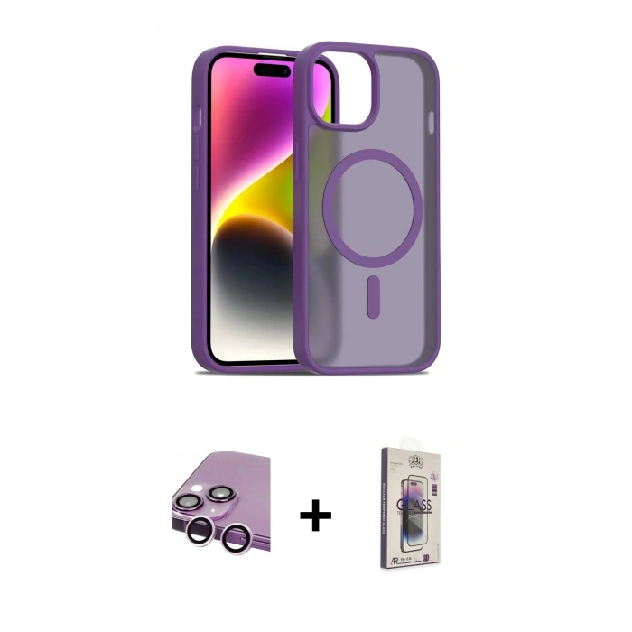MARSİLYAN™- iPhone 14 Kılıf Siluet Minimal Prime - Siyah Bilvis 3D Cam Ekran Koruyucu + Raze Metal Kamera Lens - MR
