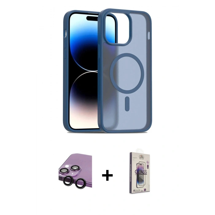 MARSİLYAN™- iPhone 14 Kılıf Siluet Minimal Prime - Siyah Bilvis 3D Cam Ekran Koruyucu + Raze Metal Kamera Lens - SH
