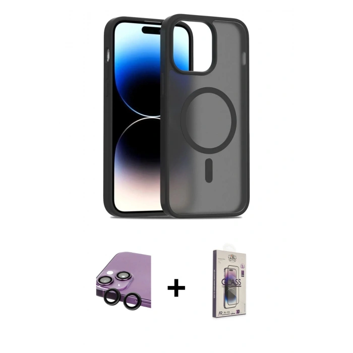 MARSİLYAN™- iPhone 14 Kılıf Siluet Minimal Prime - Siyah Bilvis 3D Cam Ekran Koruyucu + Raze Metal Kamera Lens - SH