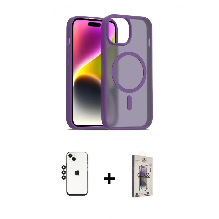 MARSİLYAN™- iPhone 14 Kılıf Siluet Minimal Prime - Siyah Bilvis 3D Cam Ekran Koruyucu + Shine Kamera Lens - SH