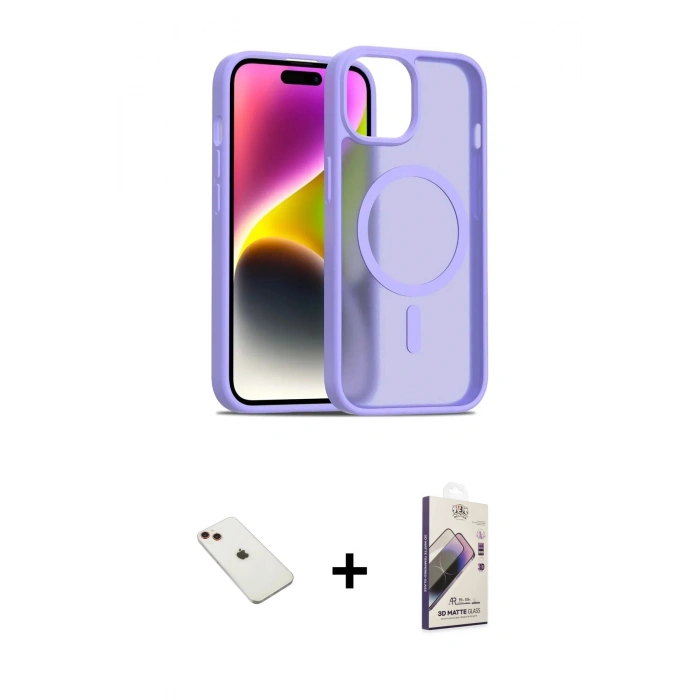 MARSİLYAN™- iPhone 14 Kılıf Siluet Minimal Prime - Siyah Bilvis 3D Mat Cam Ekran Koruyucu + Diamond Kamera Lens - KI