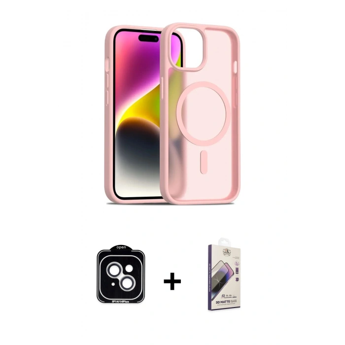 MARSİLYAN™- iPhone 14 Kılıf Siluet Minimal Prime - Siyah Bilvis 3D Mat Cam Ekran Koruyucu + PVD Metal Kamera Lens - GS