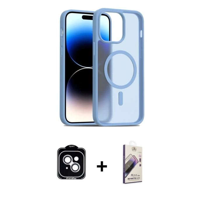 MARSİLYAN™- iPhone 14 Kılıf Siluet Minimal Prime - Siyah Bilvis 3D Mat Cam Ekran Koruyucu + PVD Metal Kamera Lens - GS