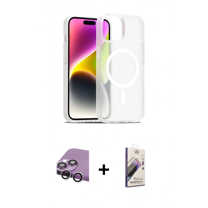 MARSİLYAN™- iPhone 14 Kılıf Siluet Minimal Prime - Siyah Bilvis 3D Mat Cam Ekran Koruyucu + Raze Metal Kamera Lens - GS