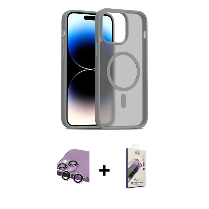 MARSİLYAN™- iPhone 14 Kılıf Siluet Minimal Prime - Siyah Bilvis 3D Mat Cam Ekran Koruyucu + Raze Metal Kamera Lens - GS