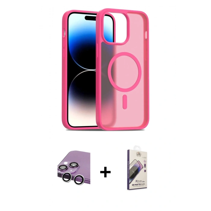 MARSİLYAN™- iPhone 14 Kılıf Siluet Minimal Prime - Siyah Bilvis 3D Mat Cam Ekran Koruyucu + Raze Metal Kamera Lens - GS