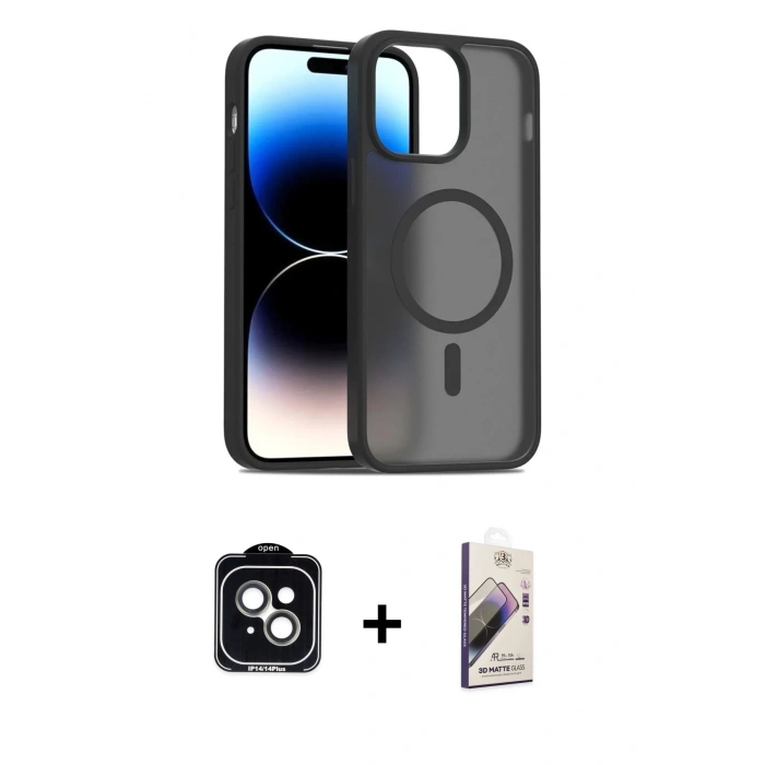 MARSİLYAN™- iPhone 14 Kılıf Siluet Minimal Prime - Siyah Bilvis 3D Mat Cam Ekran Koruyucu + PVD Metal Kamera Lens - YL