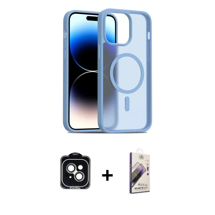 MARSİLYAN™- iPhone 14 Kılıf Siluet Minimal Prime - Siyah Bilvis 3D Mat Cam Ekran Koruyucu + PVD Metal Kamera Lens - YL