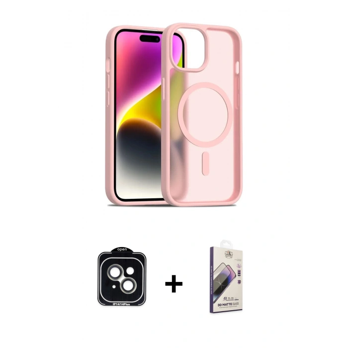 MARSİLYAN™- iPhone 14 Kılıf Siluet Minimal Prime - Siyah Bilvis 3D Mat Cam Ekran Koruyucu + PVD Metal Kamera Lens - YL
