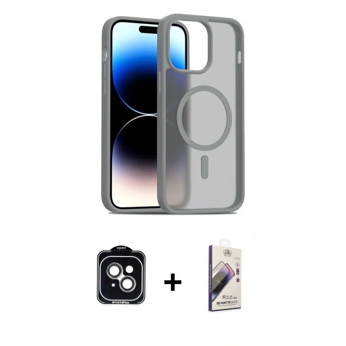 MARSİLYAN™- iPhone 14 Kılıf Siluet Minimal Prime - Siyah Bilvis 3D Mat Cam Ekran Koruyucu + PVD Metal Kamera Lens - YL
