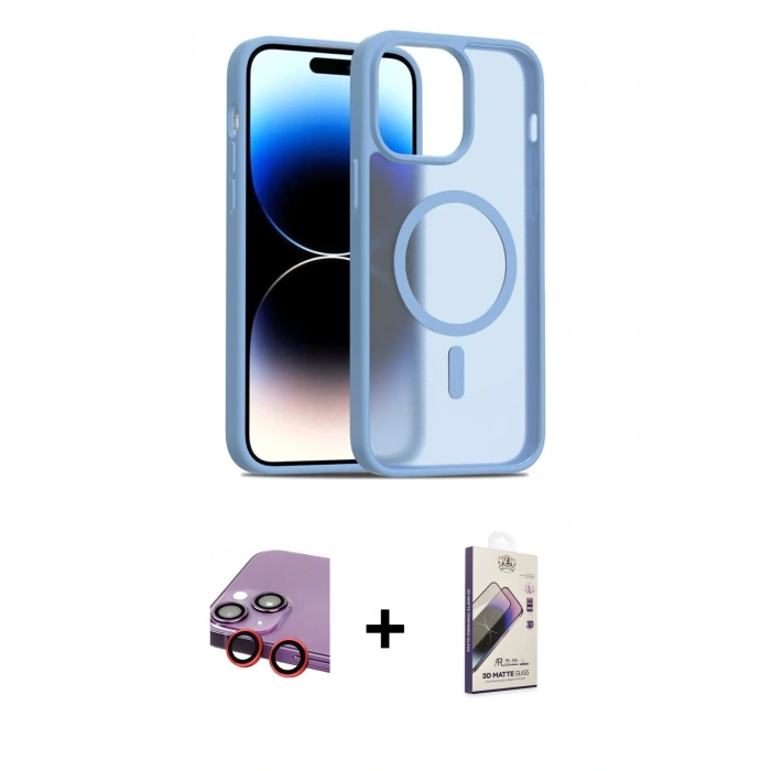MARSİLYAN™- iPhone 14 Kılıf Siluet Minimal Prime - Siyah Bilvis 3D Mat Cam Ekran Koruyucu + Raze Metal Kamera Lens - KI
