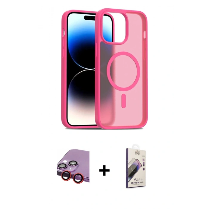 MARSİLYAN™- iPhone 14 Kılıf Siluet Minimal Prime - Siyah Bilvis 3D Mat Cam Ekran Koruyucu + Raze Metal Kamera Lens - KI
