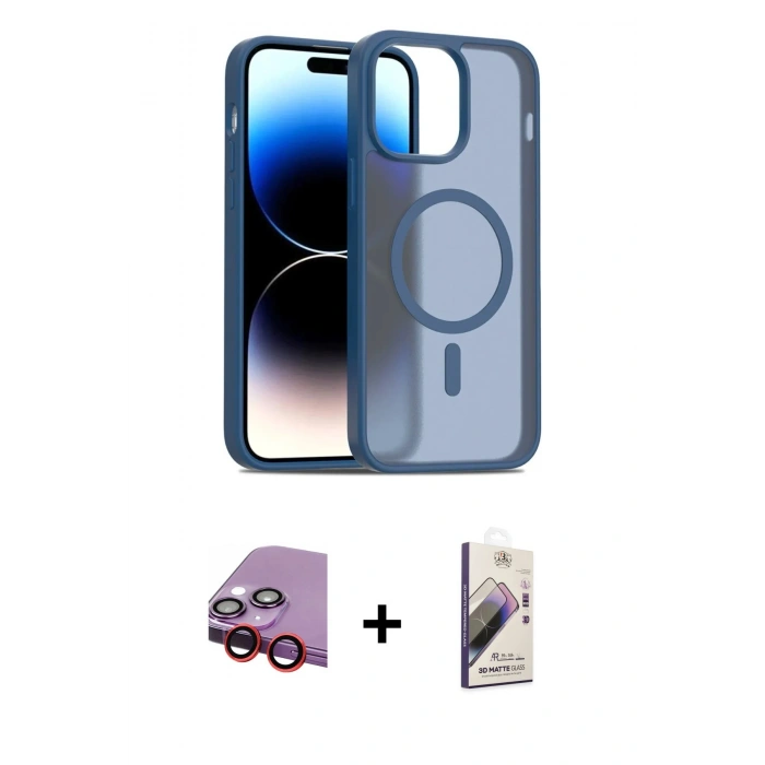 MARSİLYAN™- iPhone 14 Kılıf Siluet Minimal Prime - Siyah Bilvis 3D Mat Cam Ekran Koruyucu + Raze Metal Kamera Lens - KI
