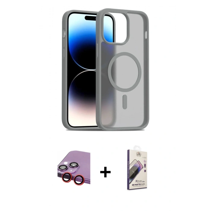 MARSİLYAN™- iPhone 14 Kılıf Siluet Minimal Prime - Siyah Bilvis 3D Mat Cam Ekran Koruyucu + Raze Metal Kamera Lens - KI